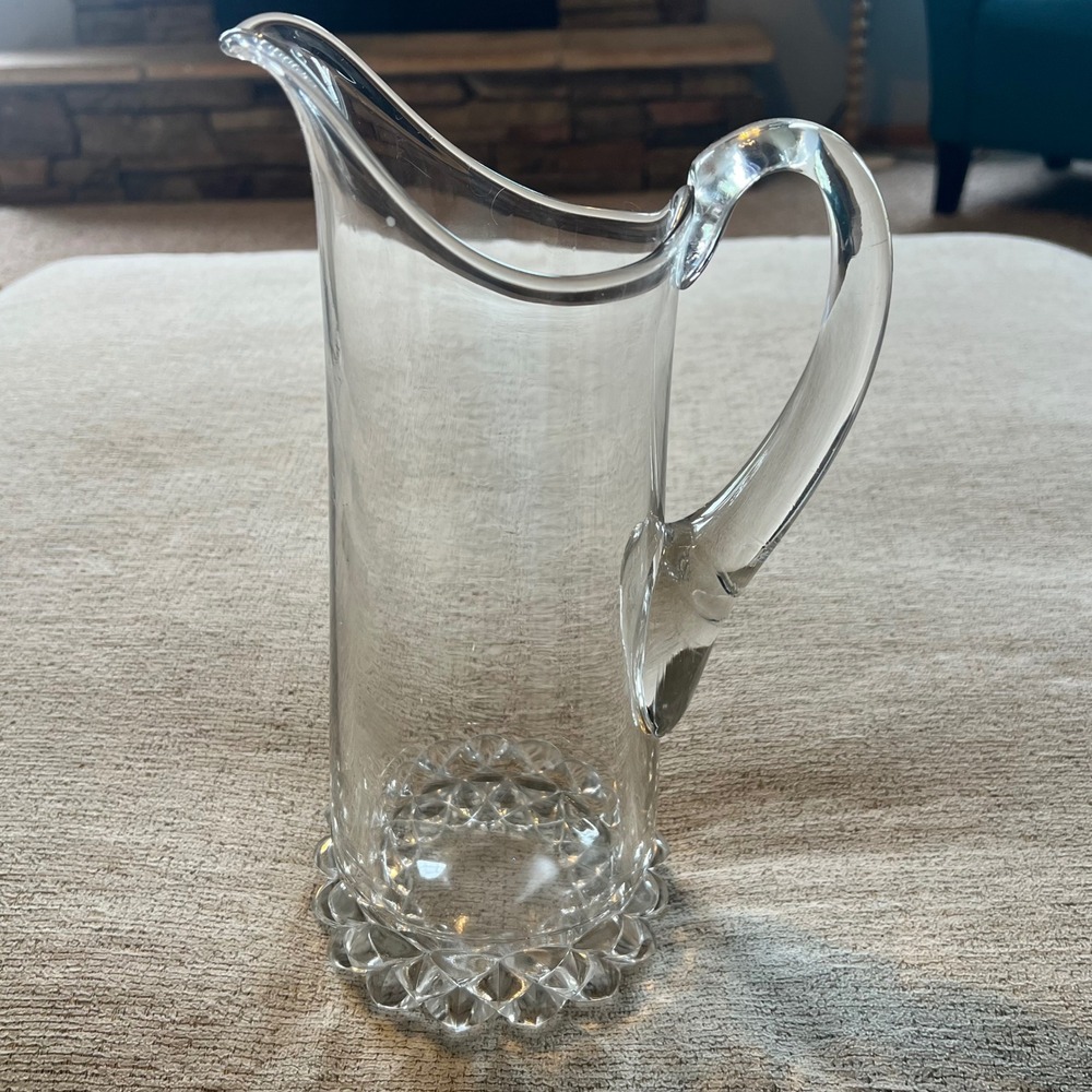 Vintage Antique Heavy Glass Pitcher Tall Diamond Cut Base 11.5" EAPG 1800s